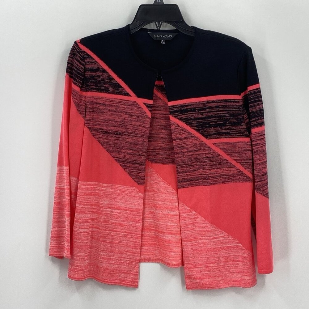 Ming Wang Open Front Cardigan Sweater Black Neon Pink Colorblock Career Small